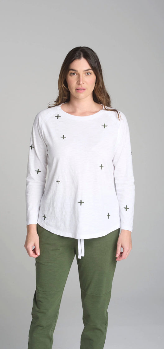 Cloth Paper Scissors Cross Embroidered L/S T-shirt White/Bronze Green