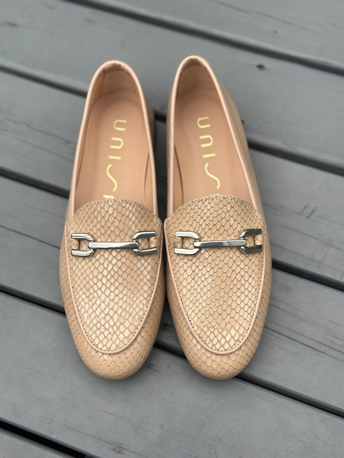 Unisa Beige Loafers with Silver bar