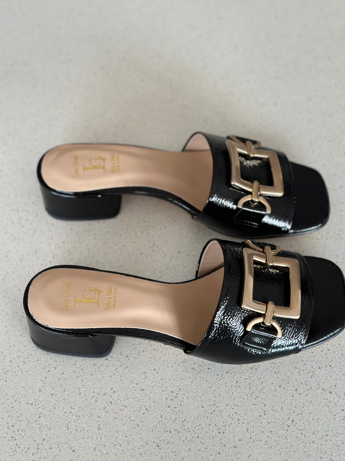 Luca Grossi Heeled Black Patent with Gold Slide Naplak K481S