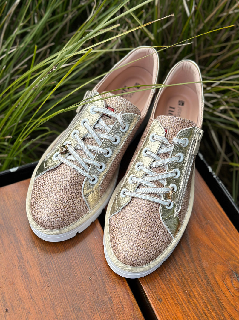 Jose Saenz Beige Woven Print with Gold Sneaker